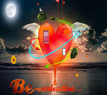 Be My Valentine, sea, moon, love, Happy valentine day, red heart, beach HD wallpaper