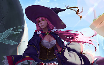 Witch, hat, halloween, konkyu, pink, fantasy, girl HD wallpaper