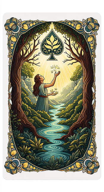 Ace of Spades Card with Enchanted Forest Design, nature, woman, river, forest HD phone wallpaper