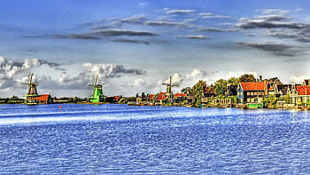 Cities, Rivers, Sky, Shore, Bank, r, Mill HD wallpaper