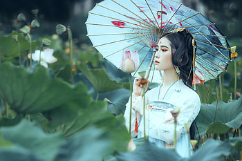 Beauty, lotus, model, white, asian, green, parasol, girl, woman HD wallpaper