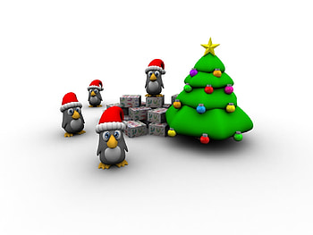 Christmas Penguins, penguins, abstract, presents, christmas, red, tree HD wallpaper