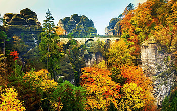 Bridge in Saxony, Germany, leaves, autumn, trees, colors, sky, rocks HD wallpaper