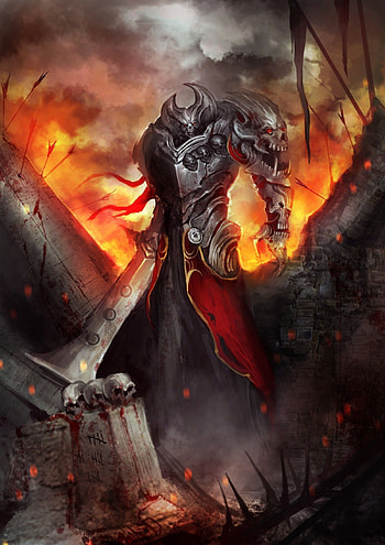 flames, skulls, war, blood, fire, weapons, artwork, swords HD phone wallpaper