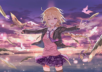 Birds, school uniform, Jeanne d'arc, fate HD wallpaper