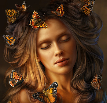 Monarch girl, monarch, art, elena roslyakova, alenaekaterinburg, orange, butterfly, fantasy, portrait, face, luminos HD wallpaper