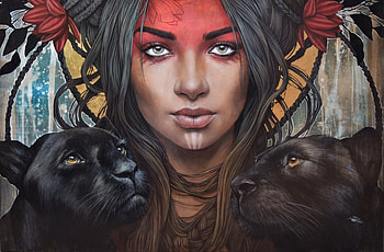 Woman and black panther, face, black panther, girl, cat, animal, art, sophie wilkins, painting, portrait, panther, red, pictura HD wallpaper