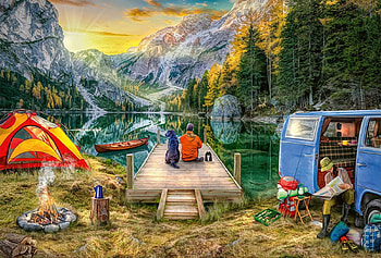 Calm Campsite, mountains, camping, people, lake, boat, dog, car, painting, autumn, larches, campfire, tent HD wallpaper