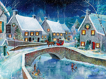 Warm Winter, village, artwork, river, painting, snow, bridge, houses HD wallpaper