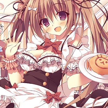 Here Ur Order, cute, lovley, long hair, dress, nice, plate, happy, adorable, female, sweet, smiling, smile, ribbon, girl, food, kawaii, anime girl, maid, anime, pretty, brown hair HD wallpaper