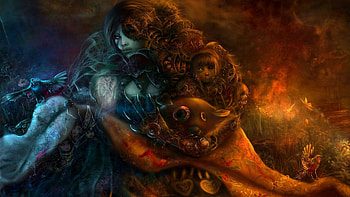 Fantasy girl, doll, fantasy, art, girl, orange, dark HD wallpaper