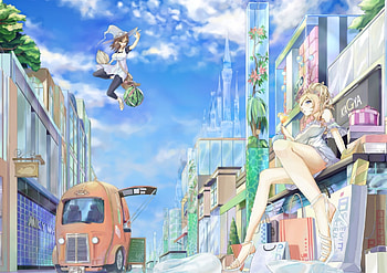 resting after shopping, shopping, blonde, anime, watermelon, manga, drink, witch HD wallpaper