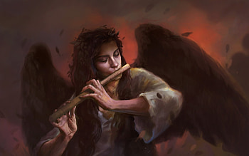 Death song, flute, fantasy, pablo heredia, man, angel, dark, wings, art, instrument HD wallpaper