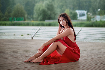 Girl Red Dress Smiling Sitting Outdoor, girls, model, red-dress HD wallpaper