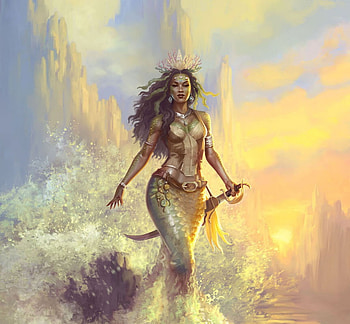 Pirate mermaid, siren, mermaid, sword, pirate, girl, yasushi matsuoka, summer, yasuartstudio, fantasy, yasu art studio, yellow, luminos, vara HD wallpaper