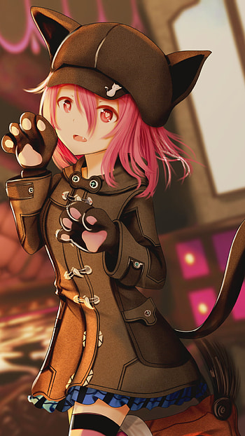 Pink Nekomimi with Hat & Tail — Fanged, Red-Eyed Cat-Paw , red eyes, hat, nekomimi, pink hair, Anime, Original HD phone wallpaper