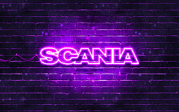 Scania violet logo, , violet brickwall, Scania logo, brands, Scania neon logo, Scania HD wallpaper