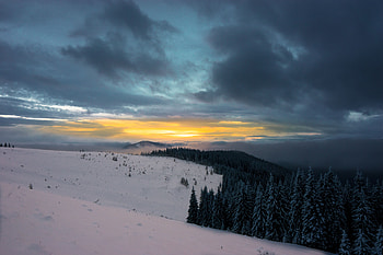 Snow, Winter, Nature, Sunset, Sky, Mountains, Clouds, Forest, Snow Covered, Snowbound HD wallpaper