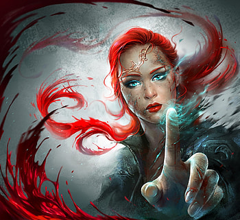 Sorceress, luminos, redhead, girl, menghua fang, hand, view from down, frumusete, kdash, witch, fantasy, face HD wallpaper