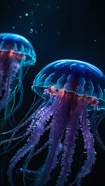 Glowing Neon Bioluminescent Jellyfish in Deep Ocean, Underwater HD phone wallpaper