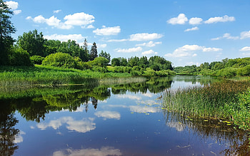 River in Latvia, river, reflection, trees, clouds, Latvia HD wallpaper