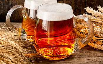 beer, large glasses of beer, ears of wheat, beer concepts, glasses of beer, dark beer HD wallpaper