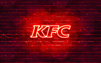 KFC red logo, , red brickwall, KFC logo, brands, KFC neon logo, KFC HD wallpaper