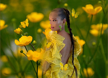 Golden Meadow, colorful, braid, wild flowers, vibrant, girl, meadow, dress, butterflies, delicate, brown, vivid, bright, green, yellow, bold, flowers HD wallpaper