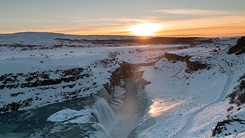 Gullfoss Waterfall, Sunrise, Ice and snow, Winter HD wallpaper