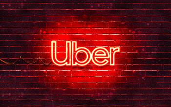 Uber red logo, , red brickwall, Uber logo, brands, Uber neon logo, Uber HD wallpaper