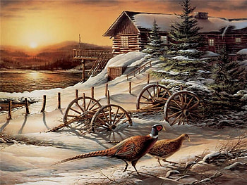 The Pheasants, birds, wagon, winterwheels, cabin, sunset HD wallpaper