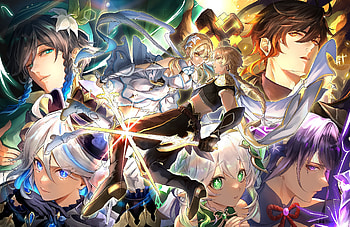 Genshin Impact Legends Unite: Furina, Venti, Lumine, Aether & Zhongli in, Furina (Genshin Impact), Venti (Genshin Impact), Lumine (Genshin Impact), Aether (Genshin Impact), Zhongli (Genshin Impact), video game, Genshin Impact HD wallpaper