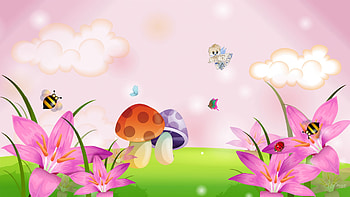 Summer 3, firefox persona, grass, angel bird, mushrooms, spring, summer, butterfly, bee, clouds, flowers, sky HD wallpaper
