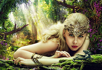 Silence of forest, sunrays, painting, dragon, trees, girl HD wallpaper