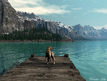 Where Are They?, dog, dock, water, mountain HD wallpaper