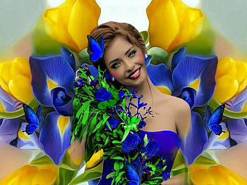 Golden Blue, dress, colorful, blue, white, vibrant, girl, butterflies, vivid, yellow, green, bright, bold, flowers HD wallpaper