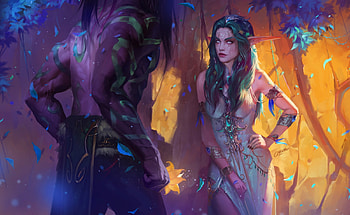 Hello, handsome!, blue, art, man, girl, elf, bo chen, purple, pink, fantasy, yellow, couple, luminos HD wallpaper