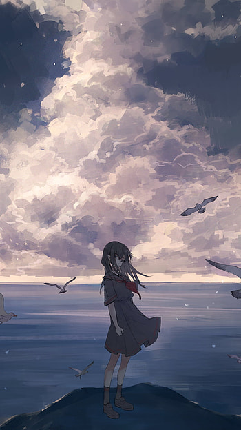 Cloud Sea Reverie — Original Anime : Long-Haired Schoolgirl & Seabirds, cloud, sea, bird, long hair, school uniform, Anime, Original, Anime Bird HD phone wallpaper