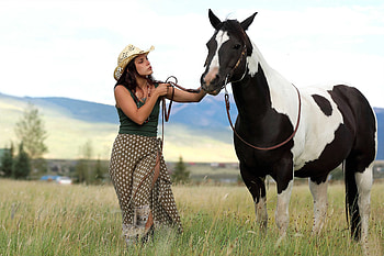 Cowgirl ~ Elena Generi, horse, cowgirl, dress, brunette, outdoors HD wallpaper