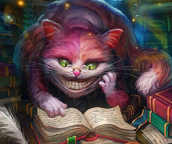 Cheshire cat, pink, book, pisici, fantasy, wonderland, cat, grafit studio, cheshire HD wallpaper