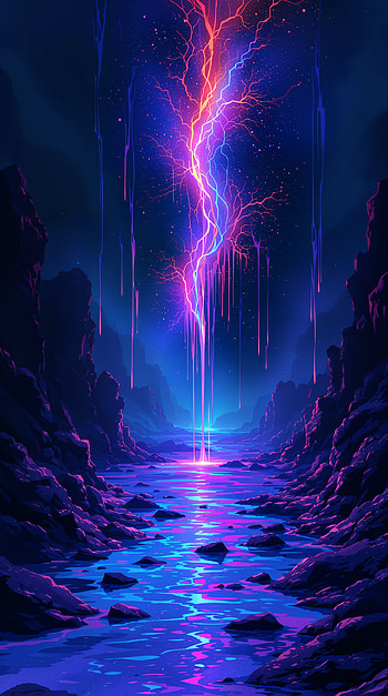 Neon Meltfall — & Android, lightning, river, canyon HD phone wallpaper