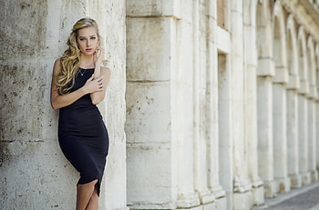 Blonde Girl Black Clothing Standing Wall, blonde, girls, model, black-dress HD wallpaper