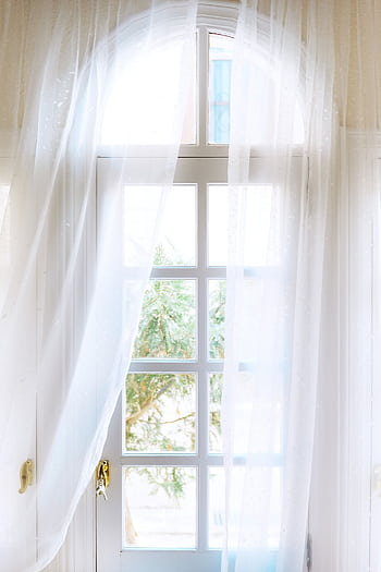 A bright window with flowing sheer curtains letting in natural light, creating a serene indoor atmosphere. HD phone wallpaper
