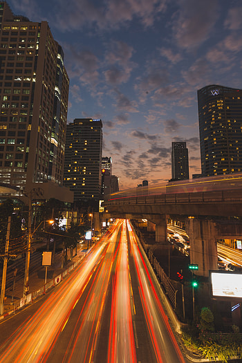 Cities, Road, Night City, Long-Term Exposure, Thailand, Bangkok HD phone wallpaper
