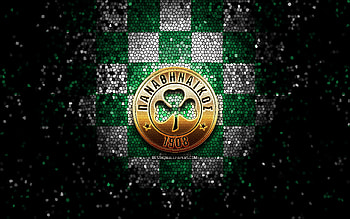 Panathinaikos FC, glitter logo, Super League Greece, green white checkered background, soccer, greek football club, Panathinaikos logo, mosaic art, football, Panathinaikos HD wallpaper
