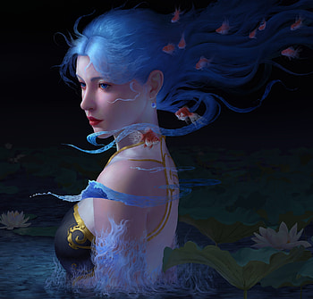 Summer, pesti, girl, fish, ogouo, blue, wen yugang, frumusete, gorgeous, superb, fantasy, face HD wallpaper