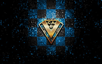 CA Brown, glitter logo, Primera Nacional, blue black checkered background, soccer, argentinian football club, CA Brown logo, mosaic art, football, Brown FC HD wallpaper