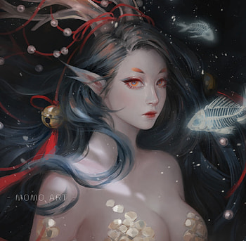 Suzuka Gozen, mermaid, oni, pesti, fish, siren, vara, frumusete, art, gorgeous, onmyouji, demon, dark, summer, superb, fantasy, momo art, luminos HD wallpaper