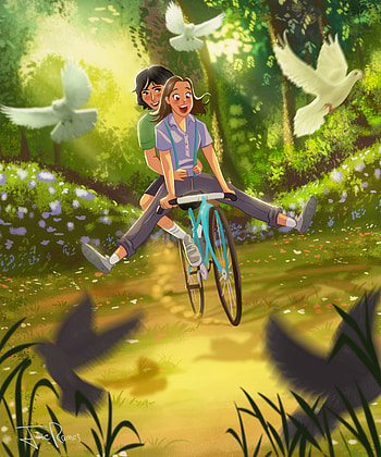 Art, Love, Couple, Pair, Romance, Bicycle, Happiness HD phone wallpaper