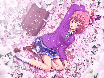school girl, briefcase, anime, cherry, petals, girl, manga HD wallpaper